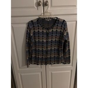 Inti Wara Womens Cardigan M Blue Tan Black Scallop Pattern 100 Pima Cotton